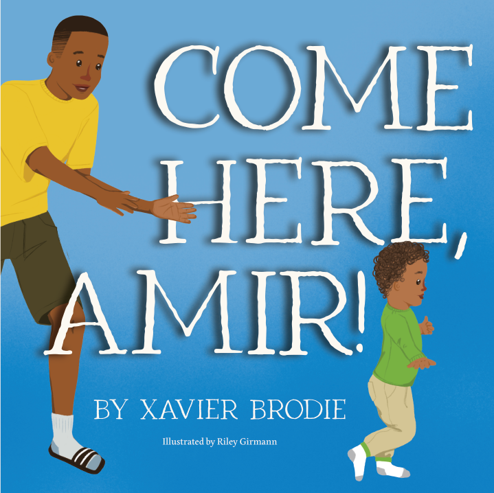 Come Here, Amir! book cover — a dad reaching out with open arms as toddler Amir runs toward him