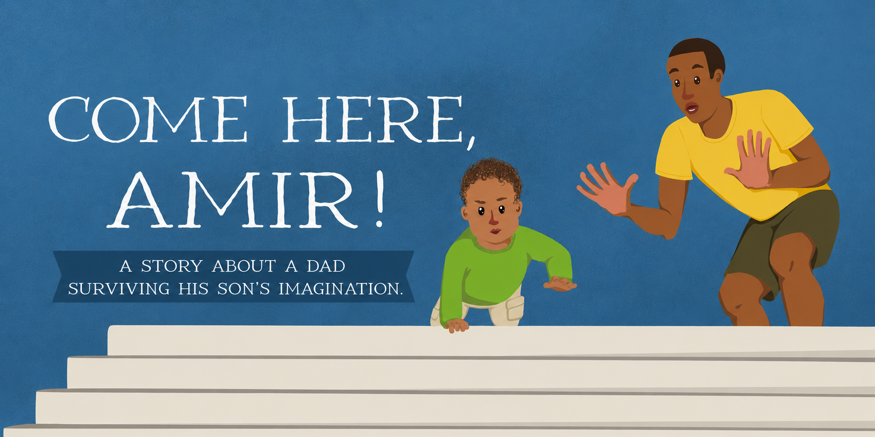 Illustration of Amir's dad reaching out as Amir toddles toward him near the playground